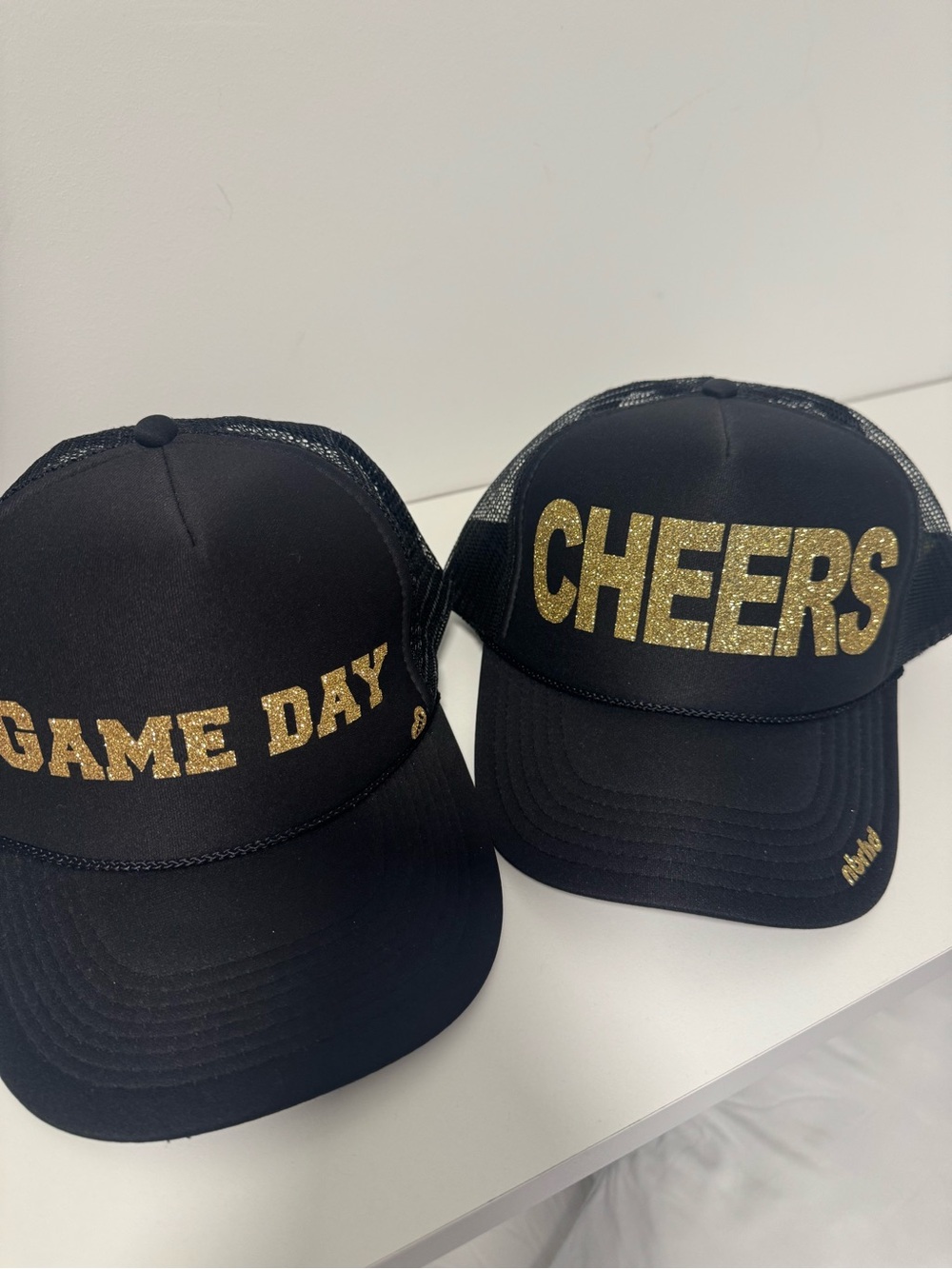 2 Neighborhood & Mothertrucker Black Trucker Hats Gold Glitter